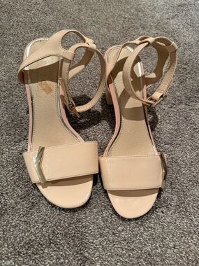 Office London Patent Nude Low Block Heel Sandals with Ankle Strap